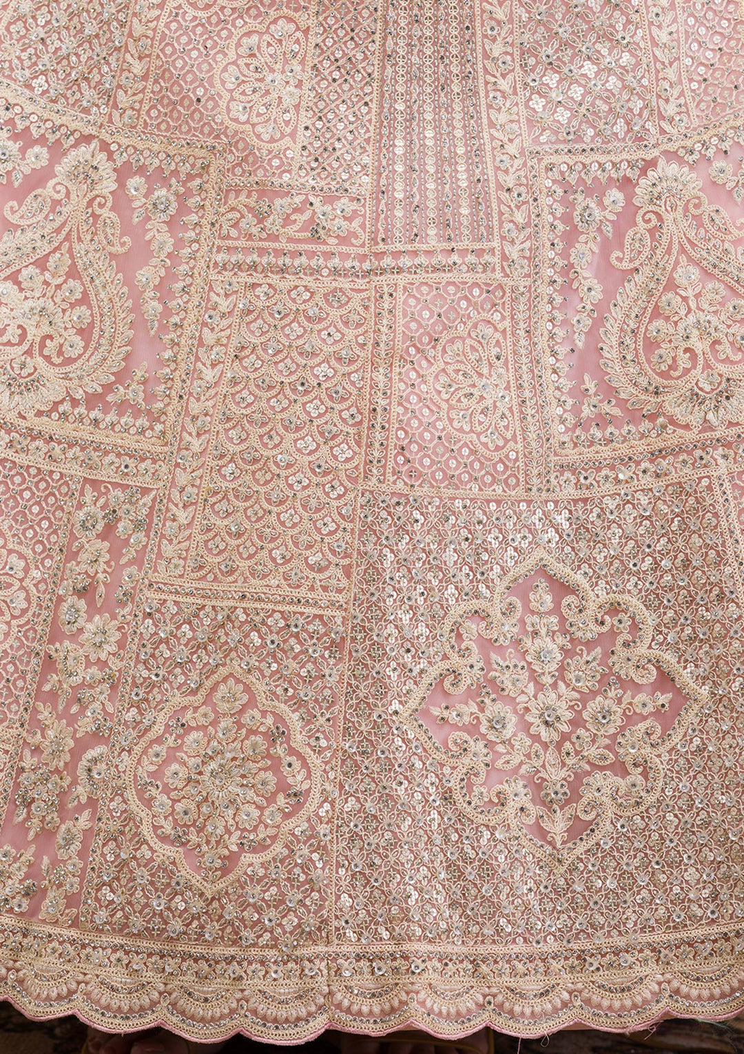 Baby Pink Threadwork Net Readymade Lehenga-Koskii