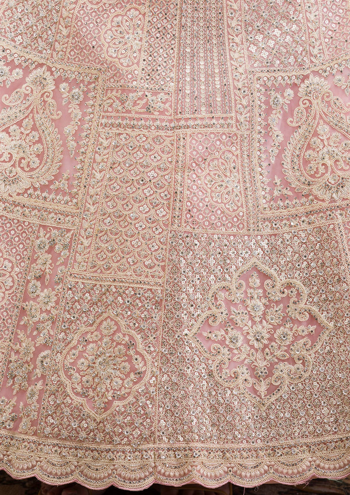 Baby Pink Threadwork Net Readymade Lehenga-Koskii