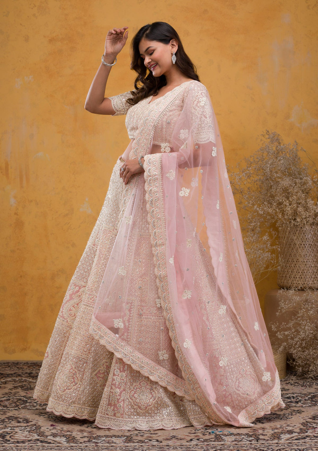Baby Pink Threadwork Net Readymade Lehenga-Koskii