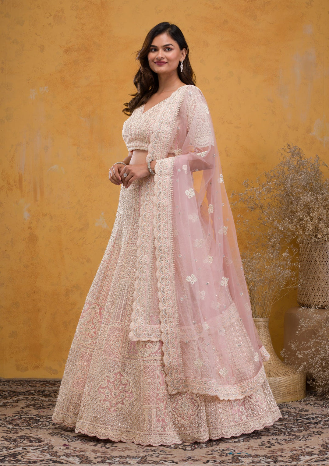 Baby Pink Threadwork Net Readymade Lehenga-Koskii