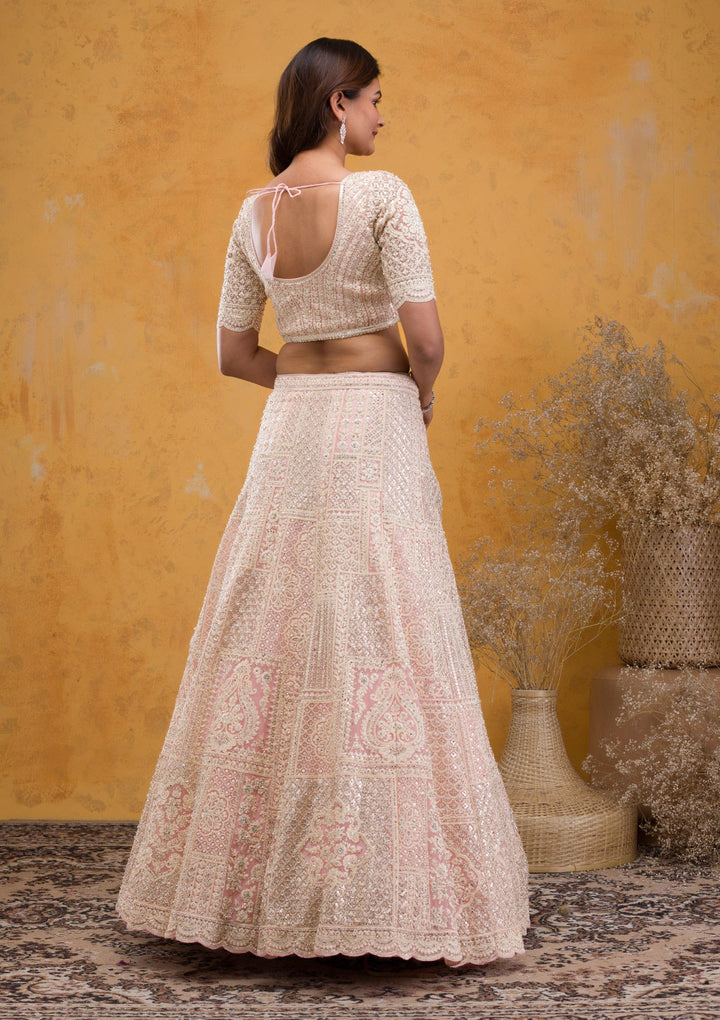 Baby Pink Threadwork Net Readymade Lehenga-Koskii