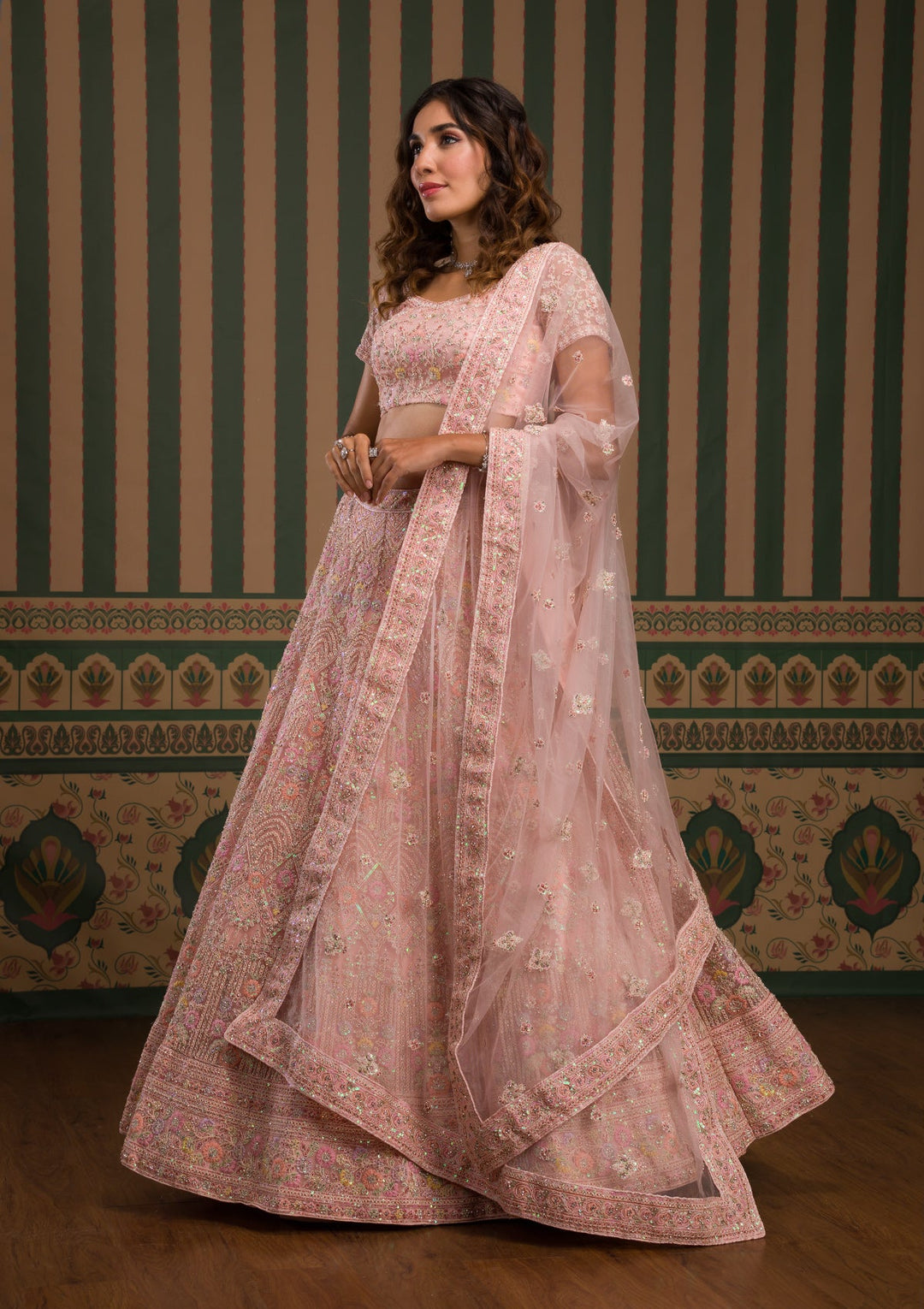 Baby Pink Threadwork Net Semi Stitched Lehenga