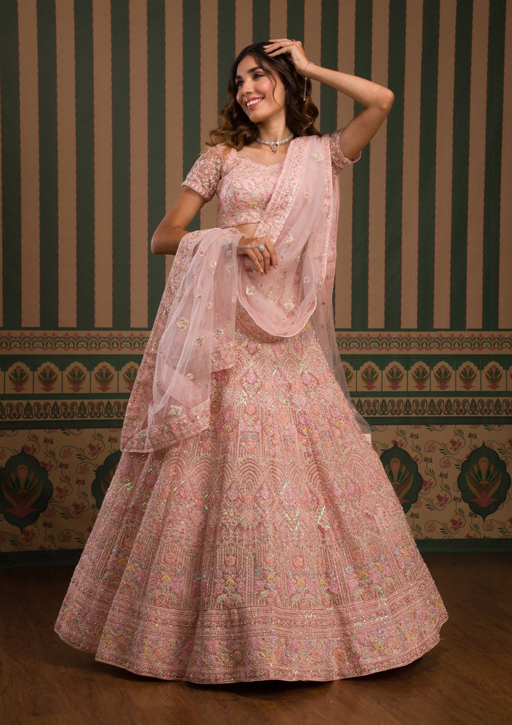 Baby Pink Threadwork Net Semi Stitched Lehenga