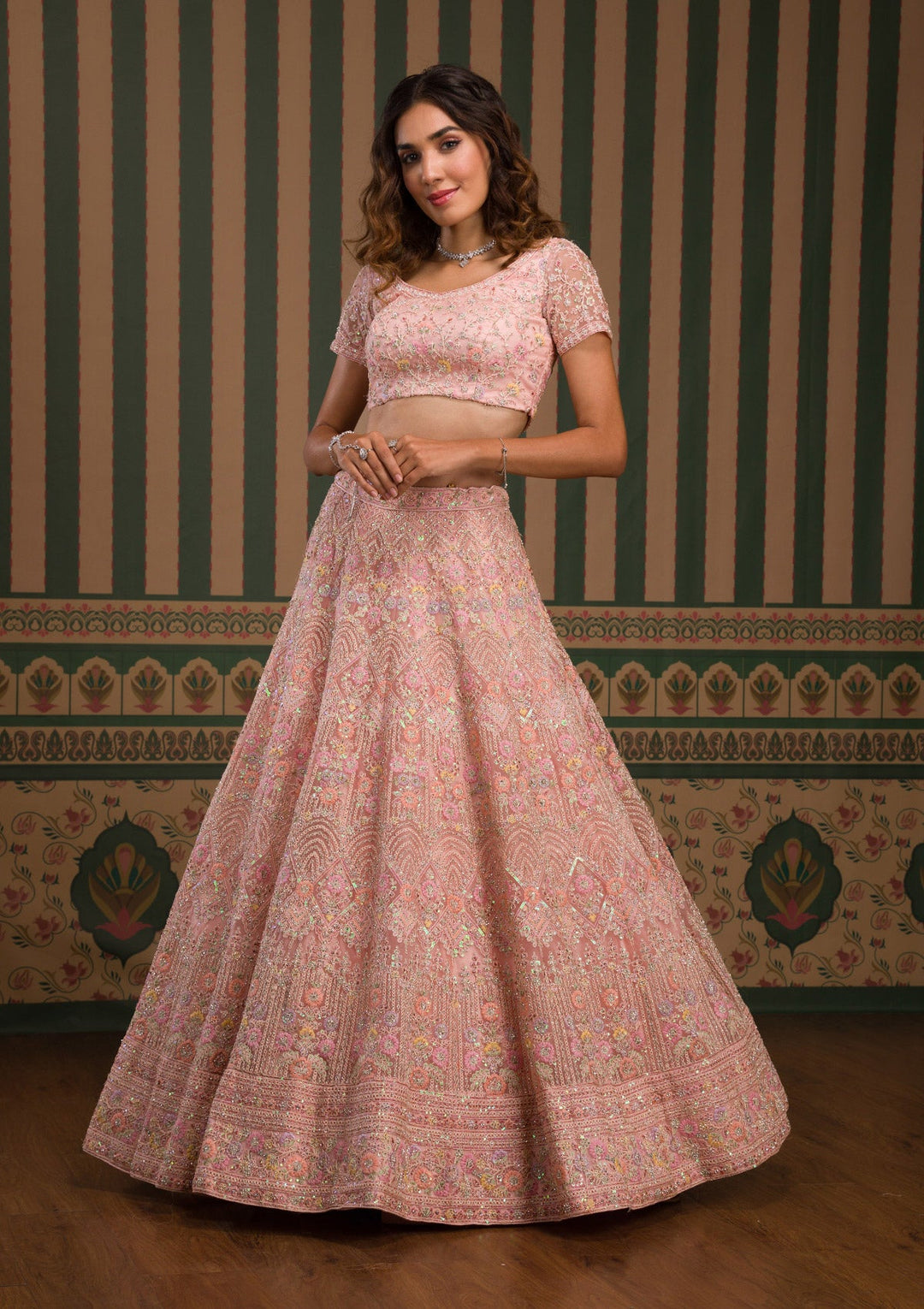 Baby Pink Threadwork Net Semi Stitched Lehenga