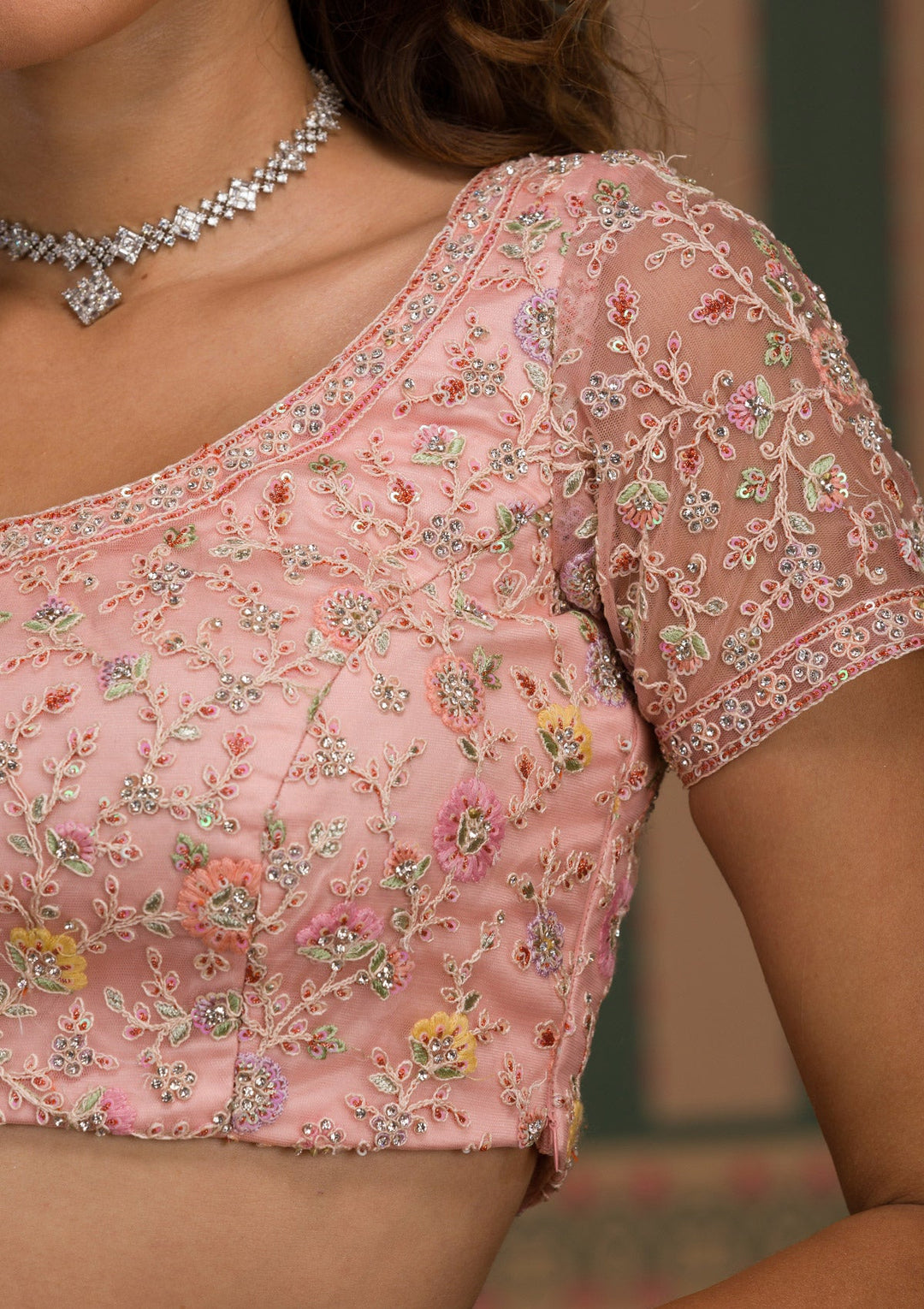 Baby Pink Threadwork Net Semi Stitched Lehenga