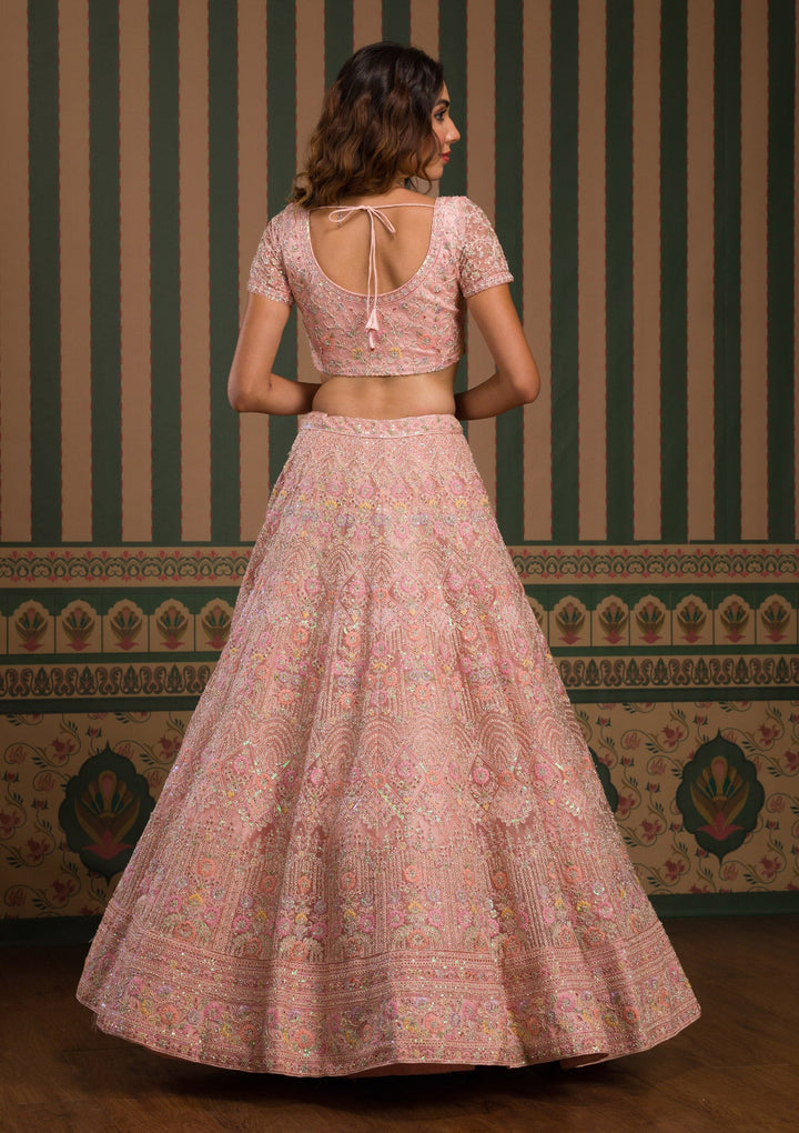 Baby Pink Threadwork Net Semi Stitched Lehenga