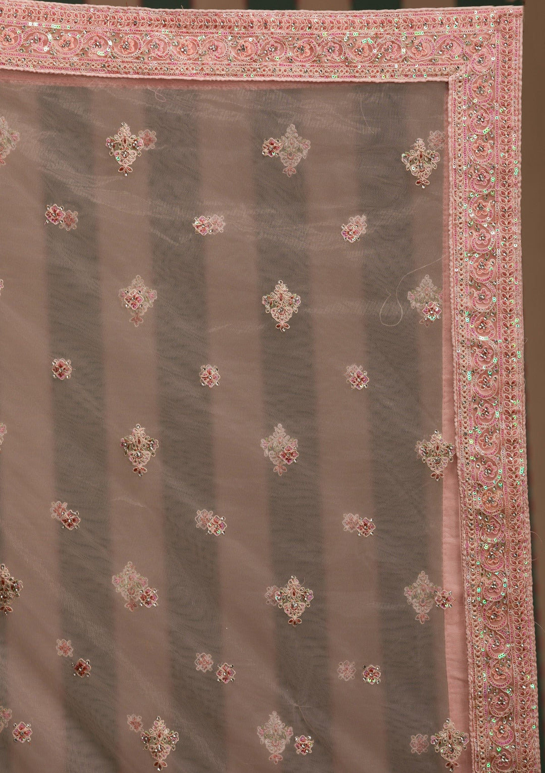 Baby Pink Threadwork Net Semi Stitched Lehenga