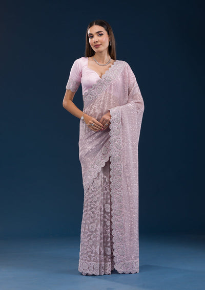 Baby Pink Threadwork Net Saree-Koskii