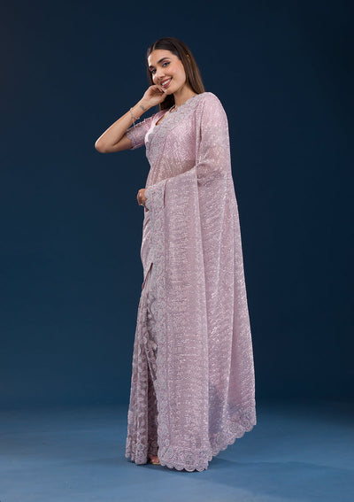 Baby Pink Threadwork Net Saree-Koskii