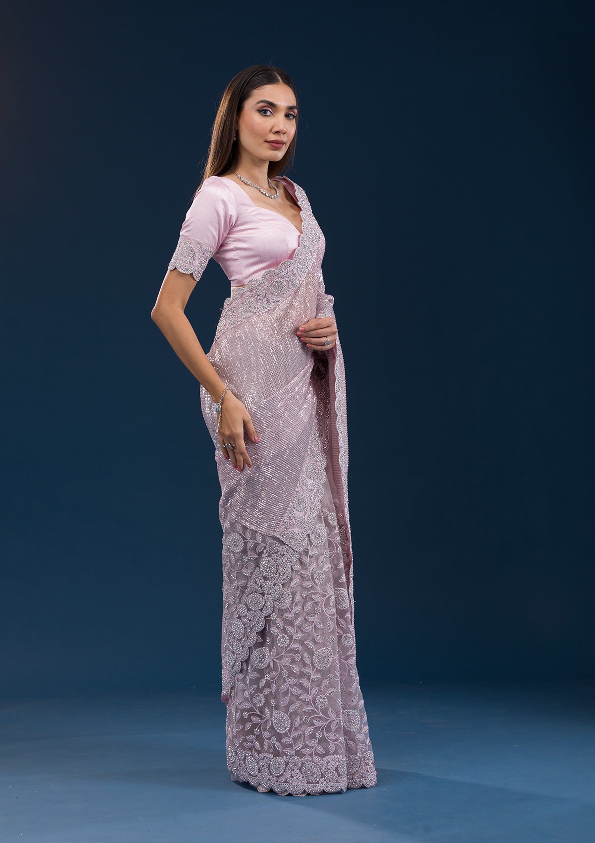 Baby Pink Threadwork Net Saree-Koskii