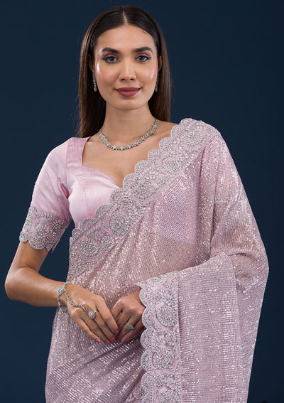 Baby Pink Threadwork Net Saree-Koskii