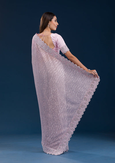 Baby Pink Threadwork Net Saree-Koskii