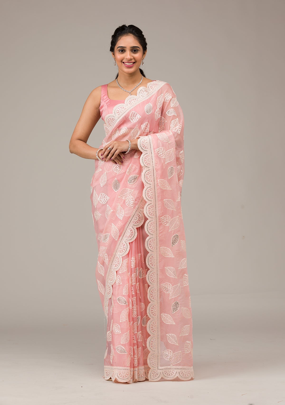 Baby Pink Threadwork Organza Saree-Koskii