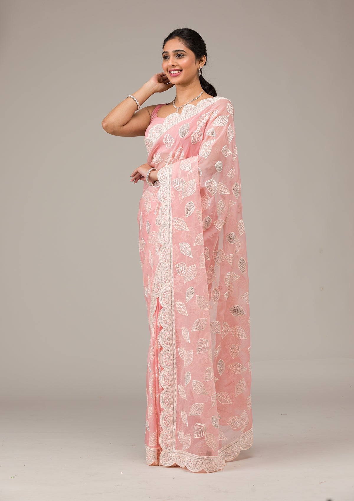 Baby Pink Threadwork Organza Saree-Koskii