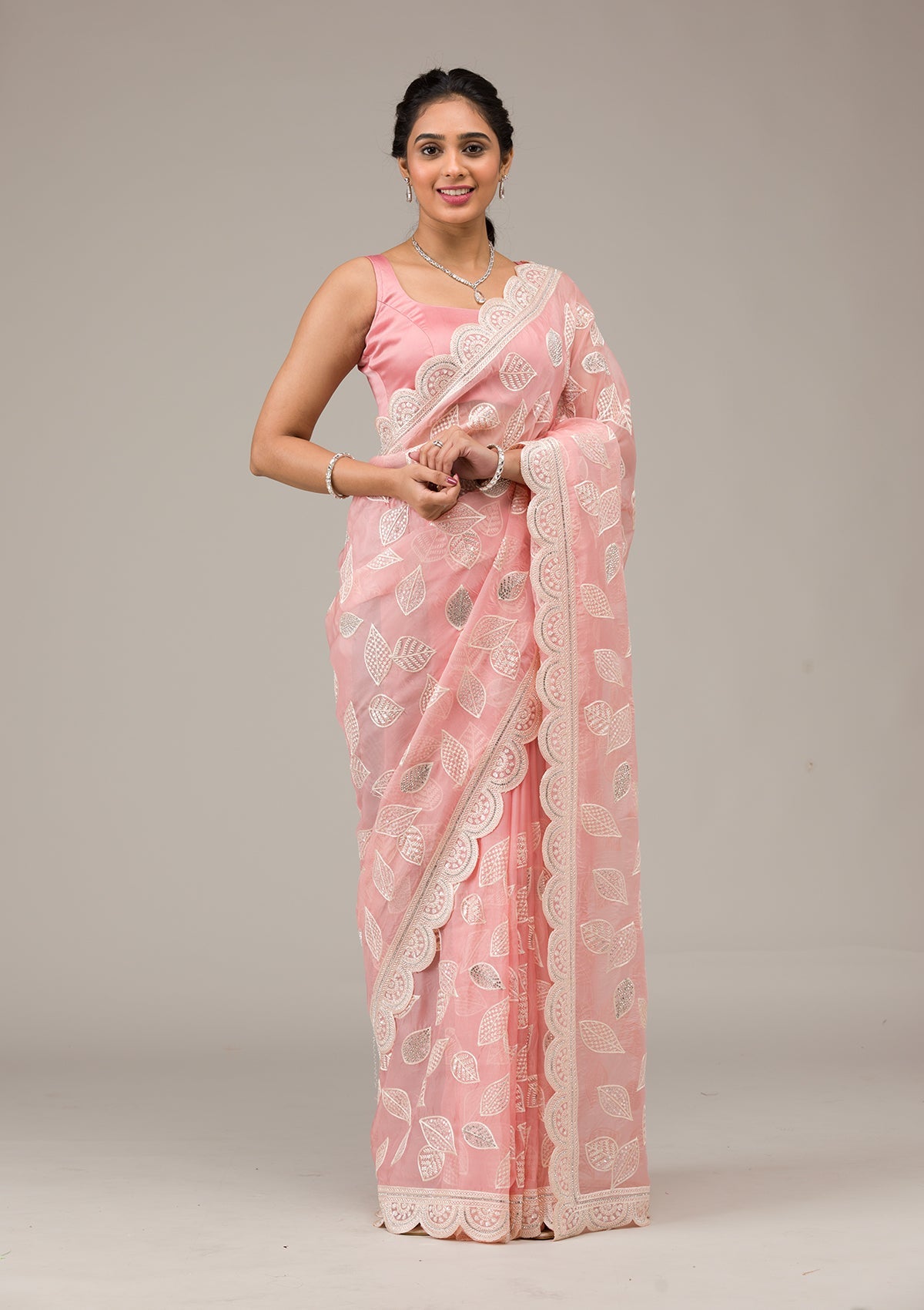 Baby Pink Threadwork Organza Saree-Koskii