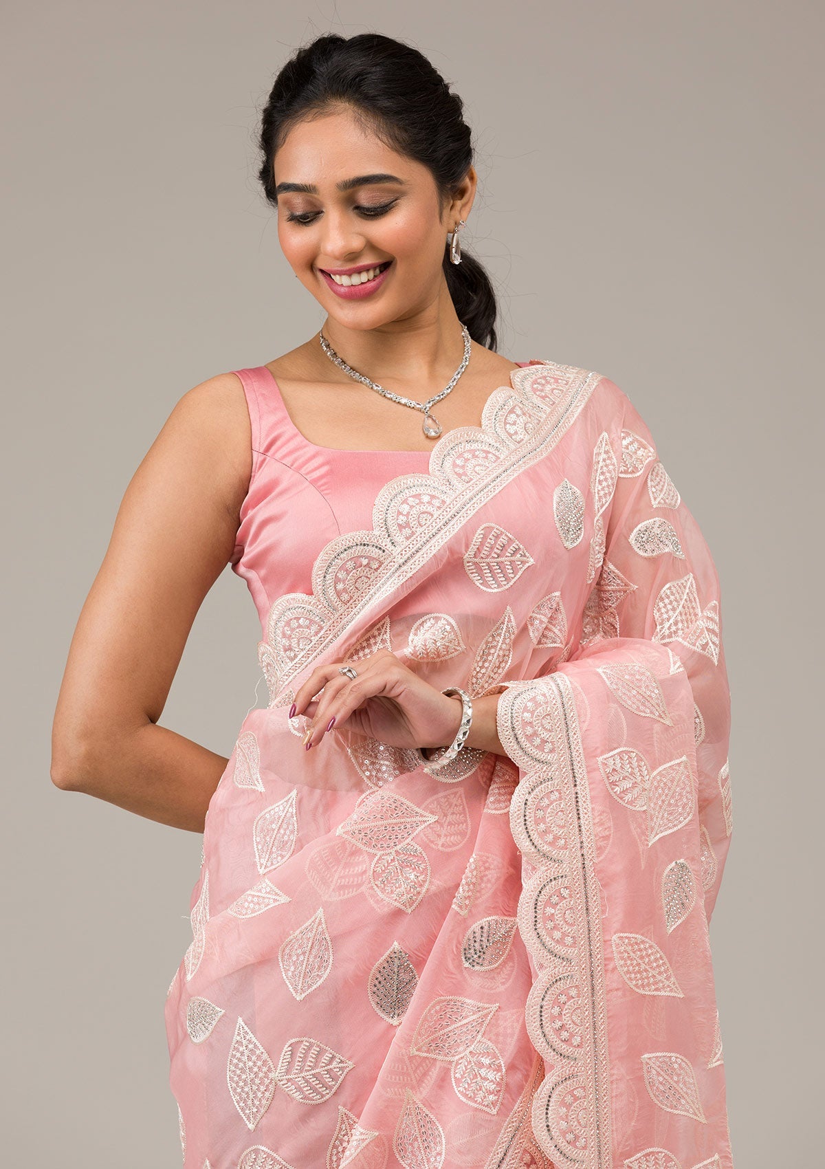 Baby Pink Threadwork Organza Saree-Koskii