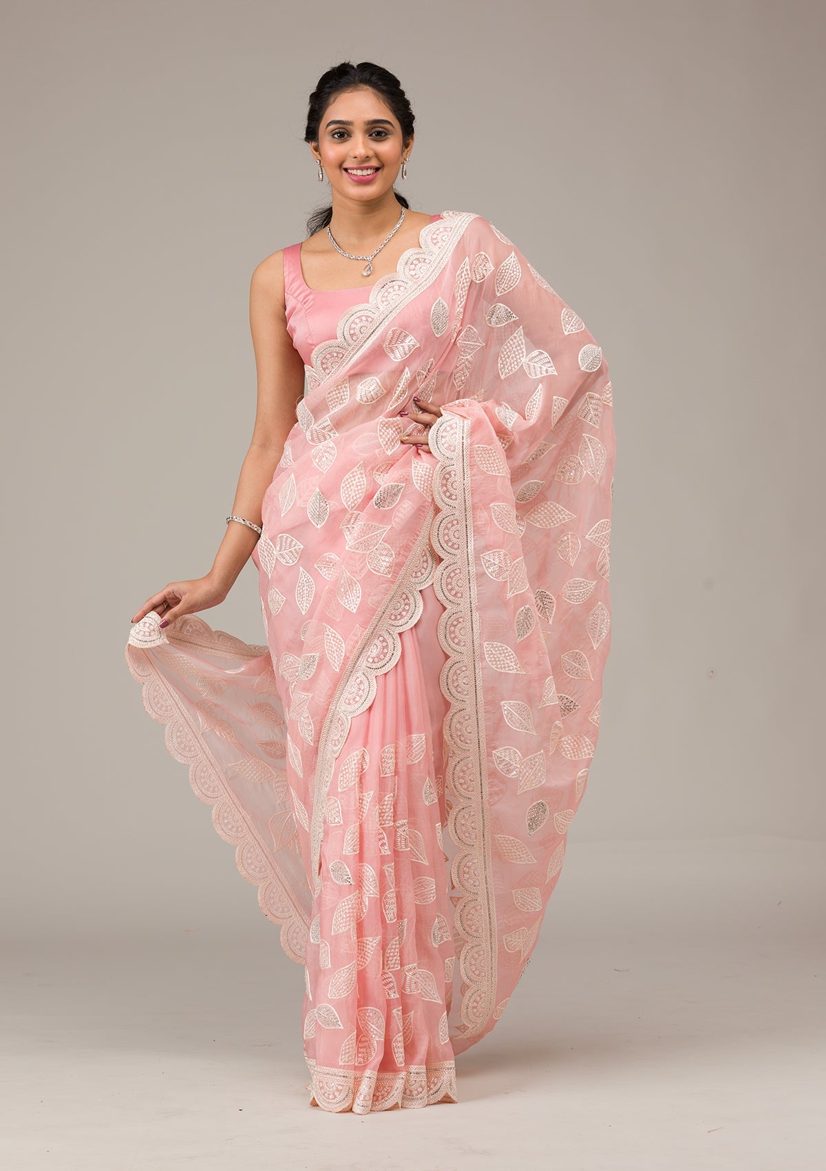 Baby Pink Threadwork Organza Saree-Koskii