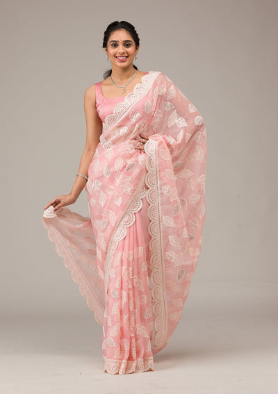 Baby Pink Threadwork Organza Saree-Koskii