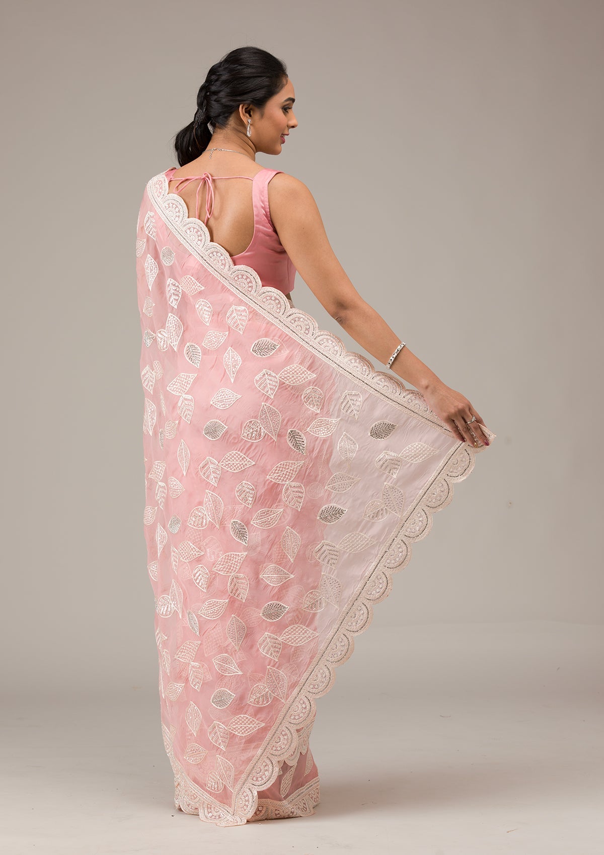 Baby Pink Threadwork Organza Saree-Koskii