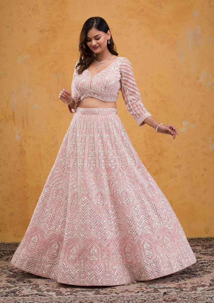 Baby Pink Threadwork Tissue Readymade Lehenga-Koskii
