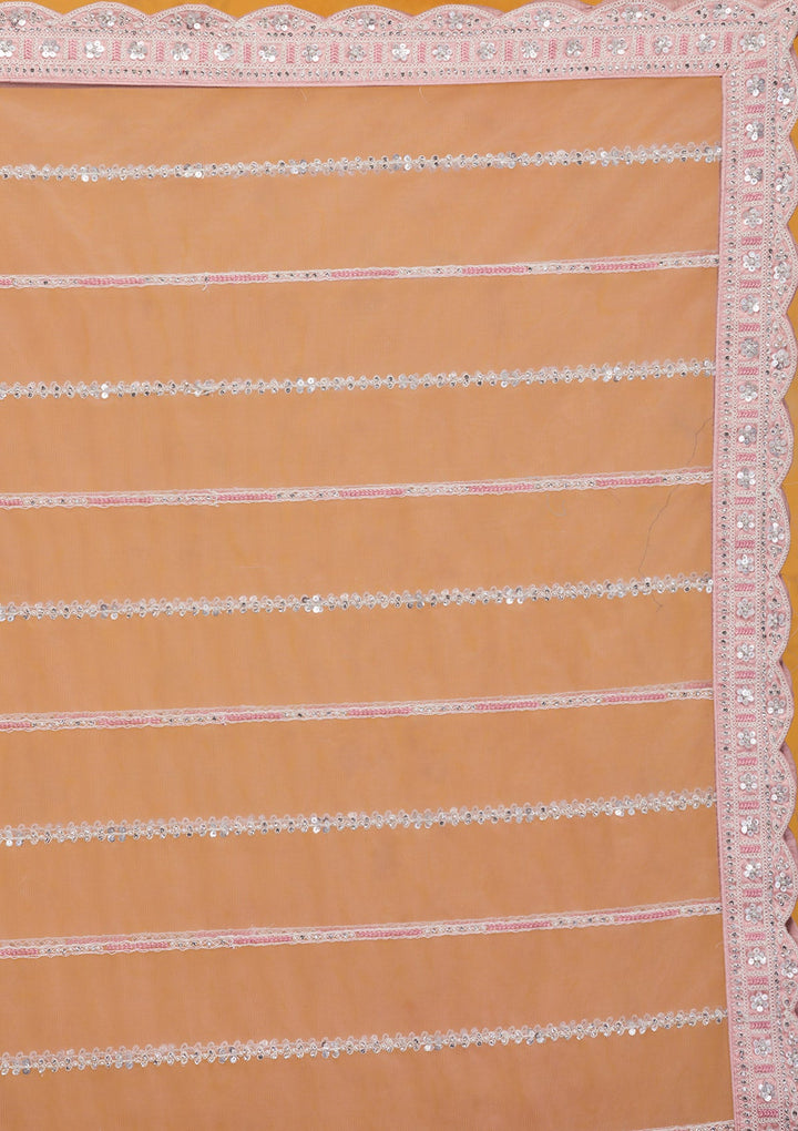 Baby Pink Threadwork Tissue Readymade Lehenga-Koskii