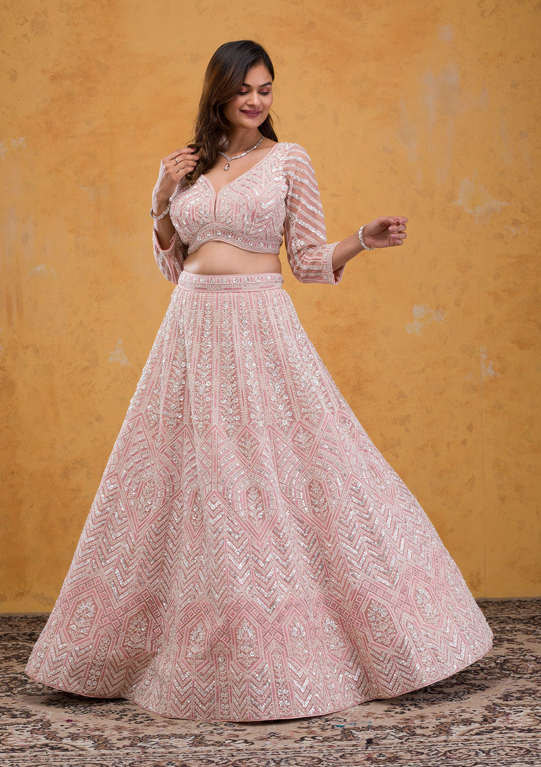 Baby Pink Threadwork Tissue Readymade Lehenga-Koskii