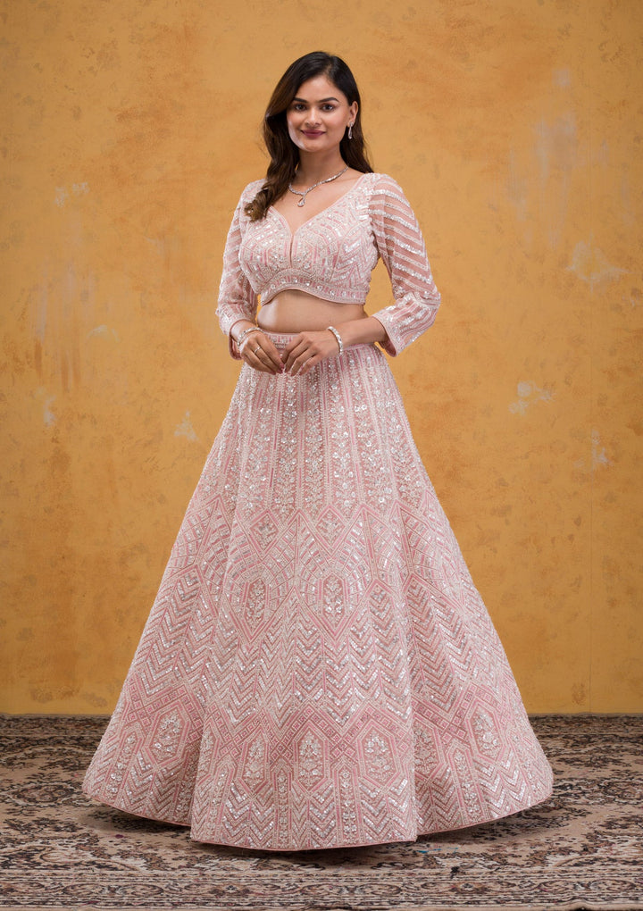 Baby Pink Threadwork Tissue Readymade Lehenga-Koskii