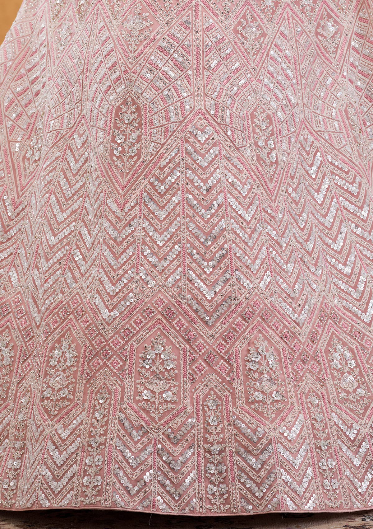 Baby Pink Threadwork Tissue Readymade Lehenga-Koskii