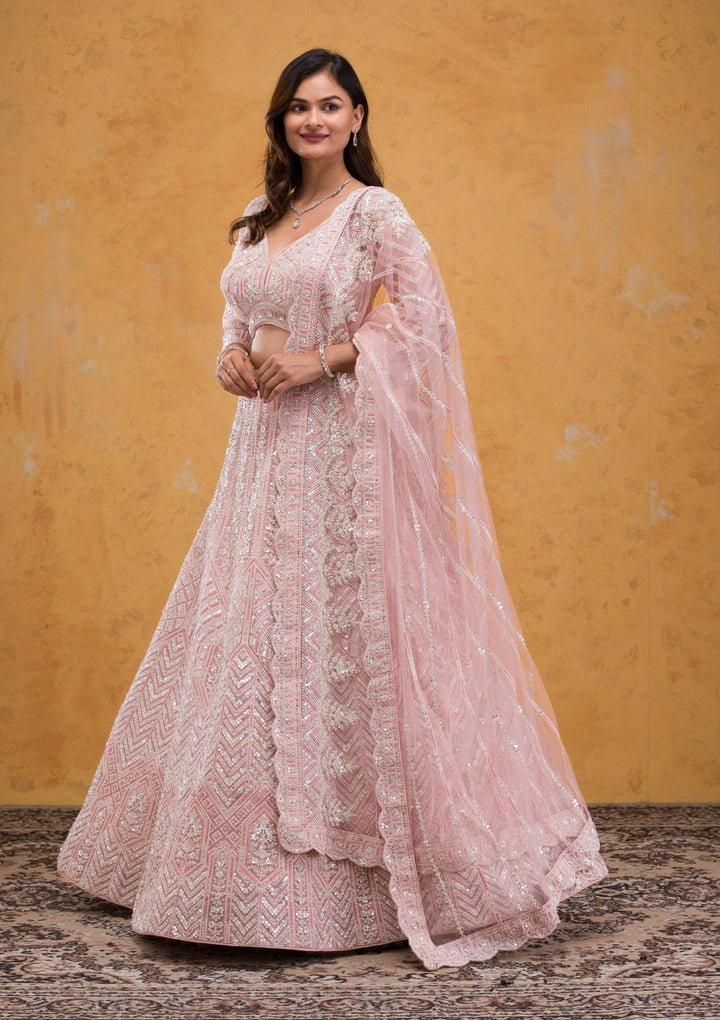 Baby Pink Threadwork Tissue Readymade Lehenga-Koskii