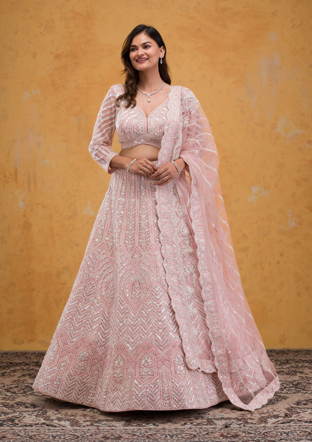 Baby Pink Threadwork Tissue Readymade Lehenga-Koskii