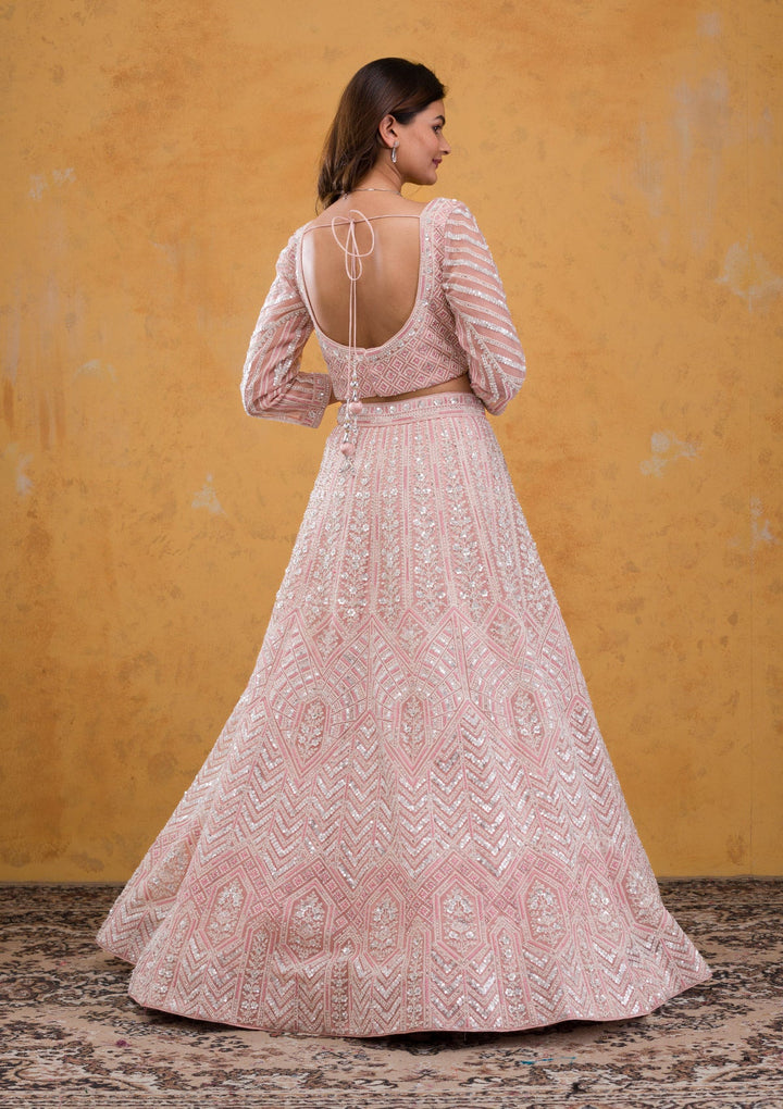 Baby Pink Threadwork Tissue Readymade Lehenga-Koskii