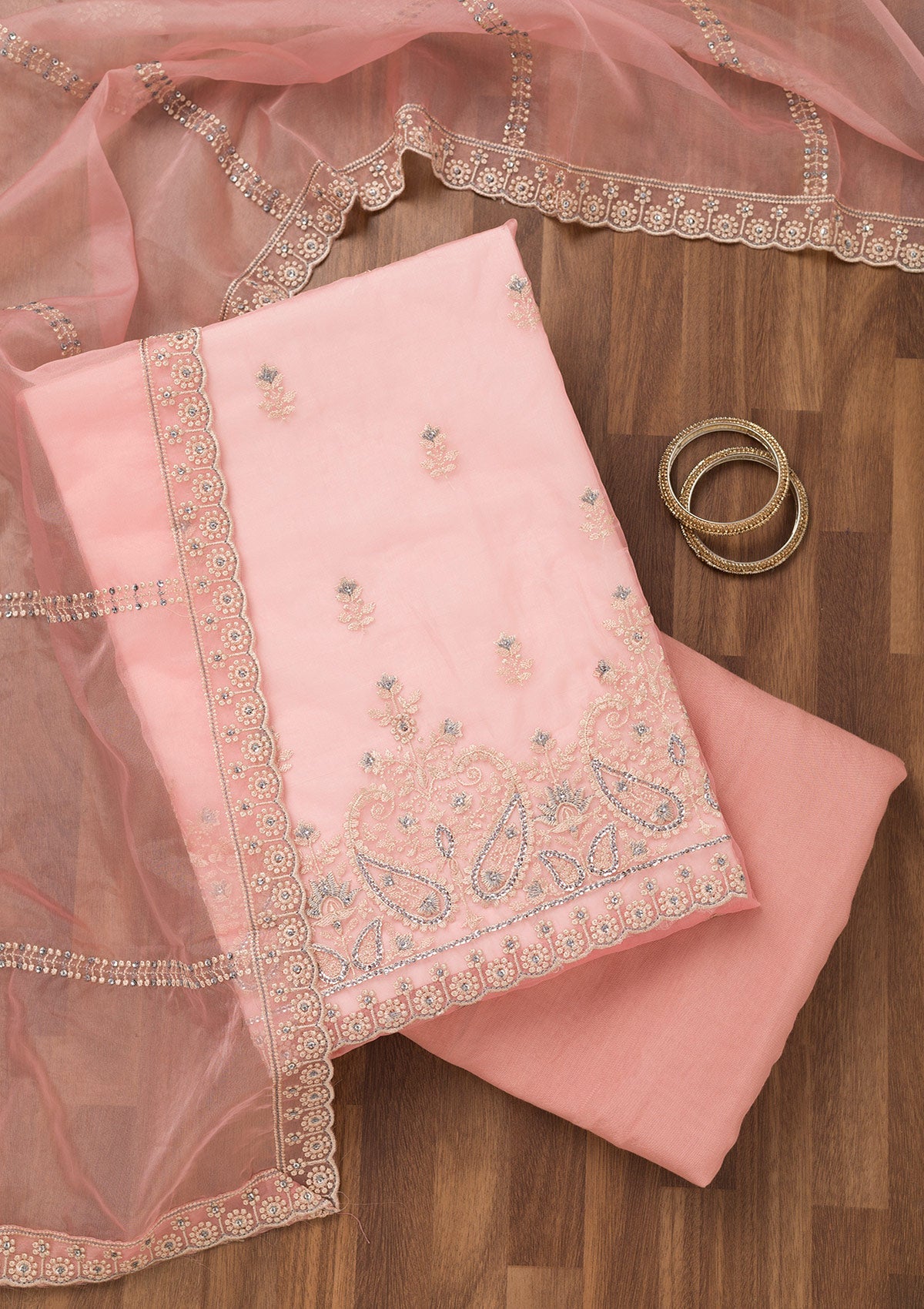 Baby Pink Threadwork Tissue Unstitched Salwar Suit-Koskii