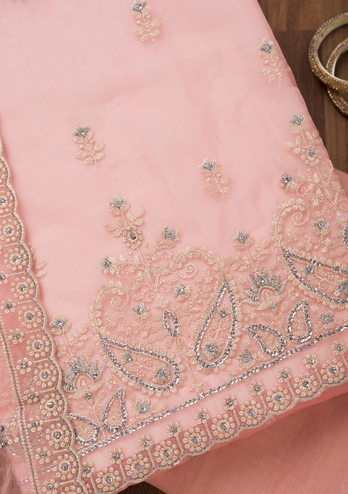 Baby Pink Threadwork Tissue Unstitched Salwar Suit-Koskii