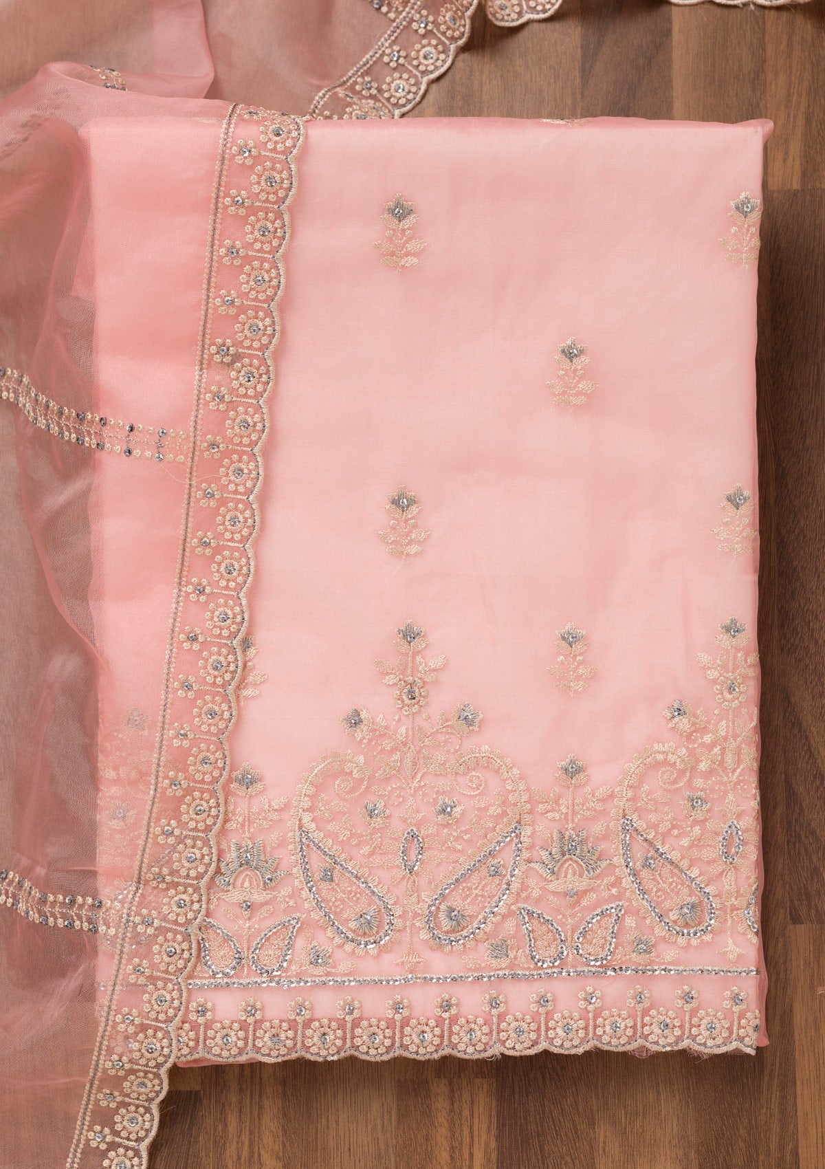 Baby Pink Threadwork Tissue Unstitched Salwar Suit-Koskii