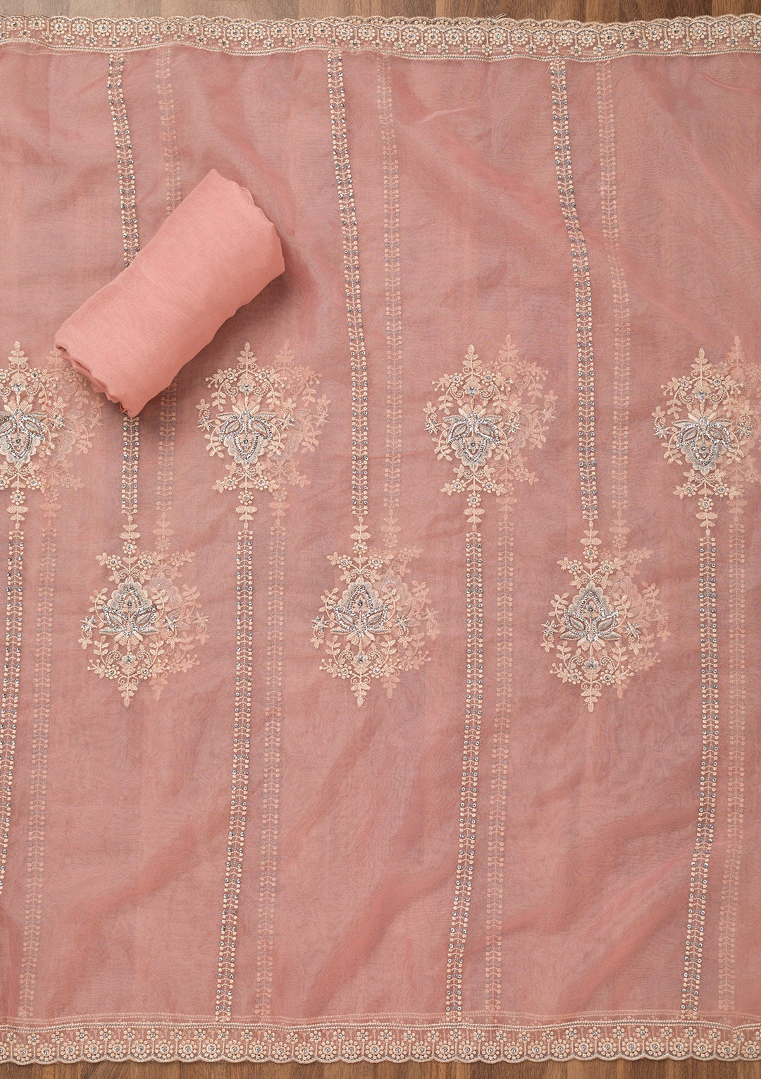 Baby Pink Threadwork Tissue Unstitched Salwar Suit-Koskii