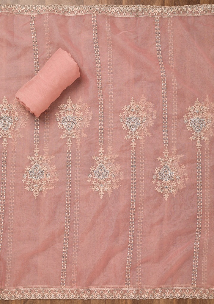 Baby Pink Threadwork Tissue Unstitched Salwar Suit-Koskii