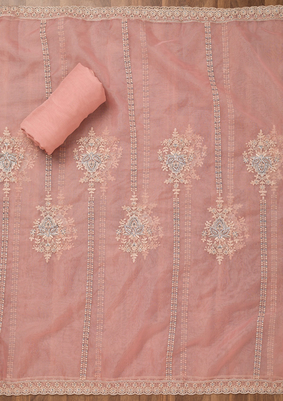 Baby Pink Threadwork Tissue Unstitched Salwar Suit-Koskii