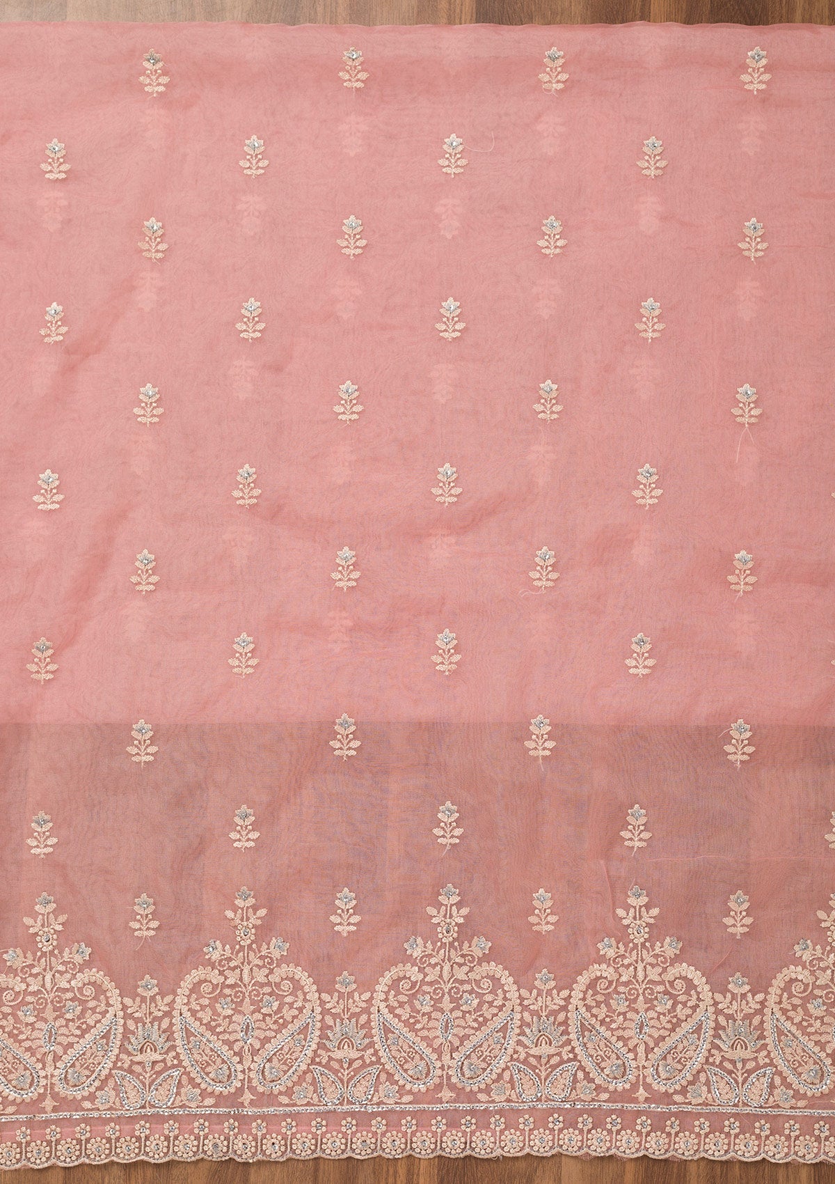 Baby Pink Threadwork Tissue Unstitched Salwar Suit-Koskii