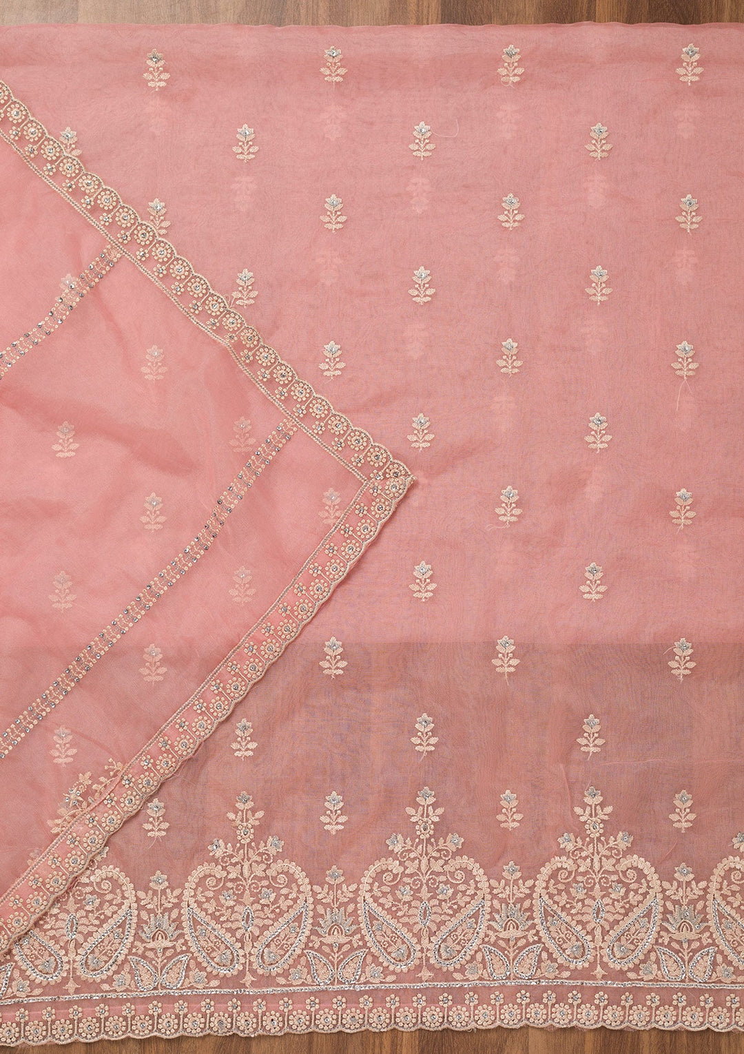 Baby Pink Threadwork Tissue Unstitched Salwar Suit-Koskii