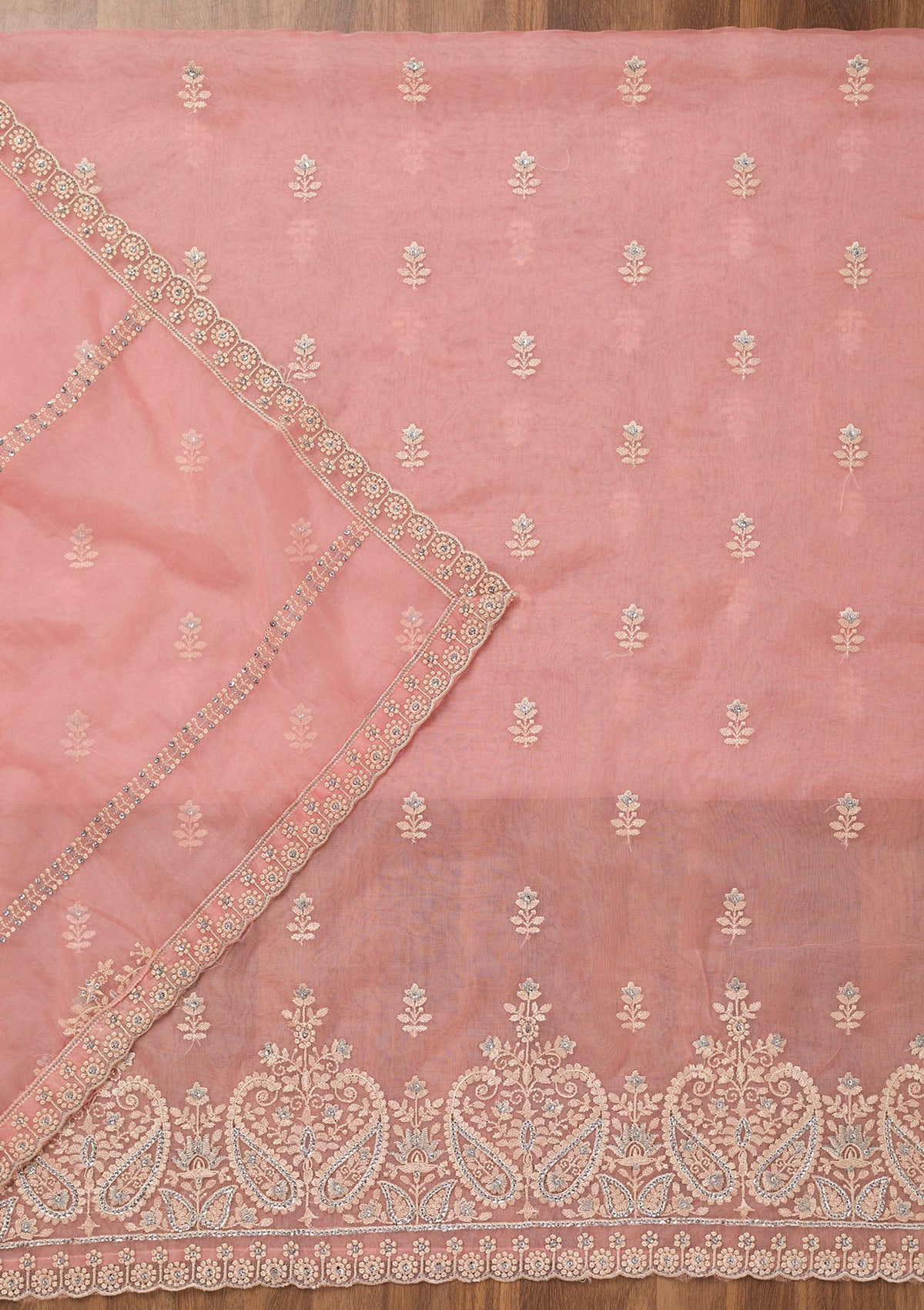 Baby Pink Threadwork Tissue Unstitched Salwar Suit-Koskii