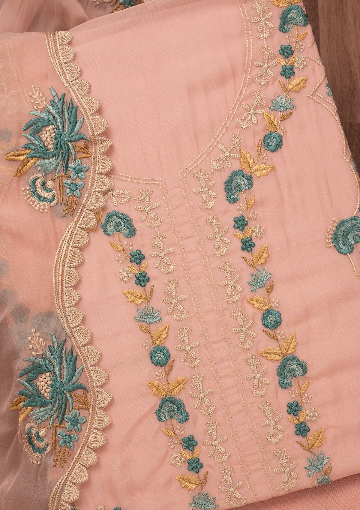 Baby Pink Threadwork Tissue Unstitched Salwar Suit-Koskii