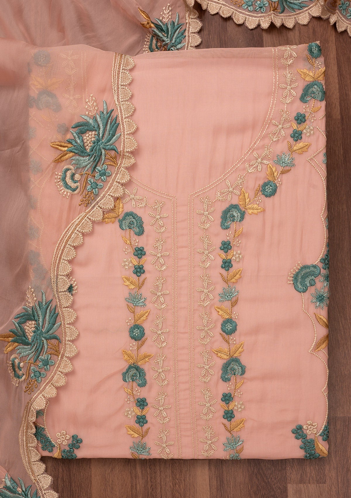 Baby Pink Threadwork Tissue Unstitched Salwar Suit-Koskii