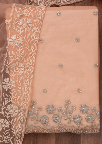 Baby Pink Threadwork Tissue Unstitched Salwar Suit-Koskii