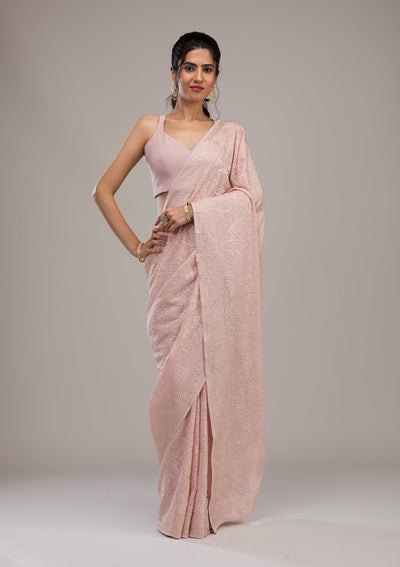 Baby Pink Threadwork Tissue Saree-Koskii