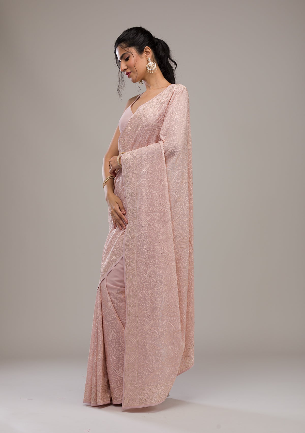 Baby Pink Threadwork Tissue Saree-Koskii