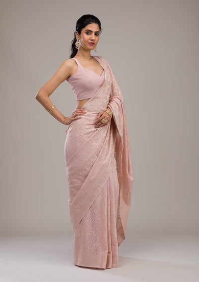 Baby Pink Threadwork Tissue Saree-Koskii