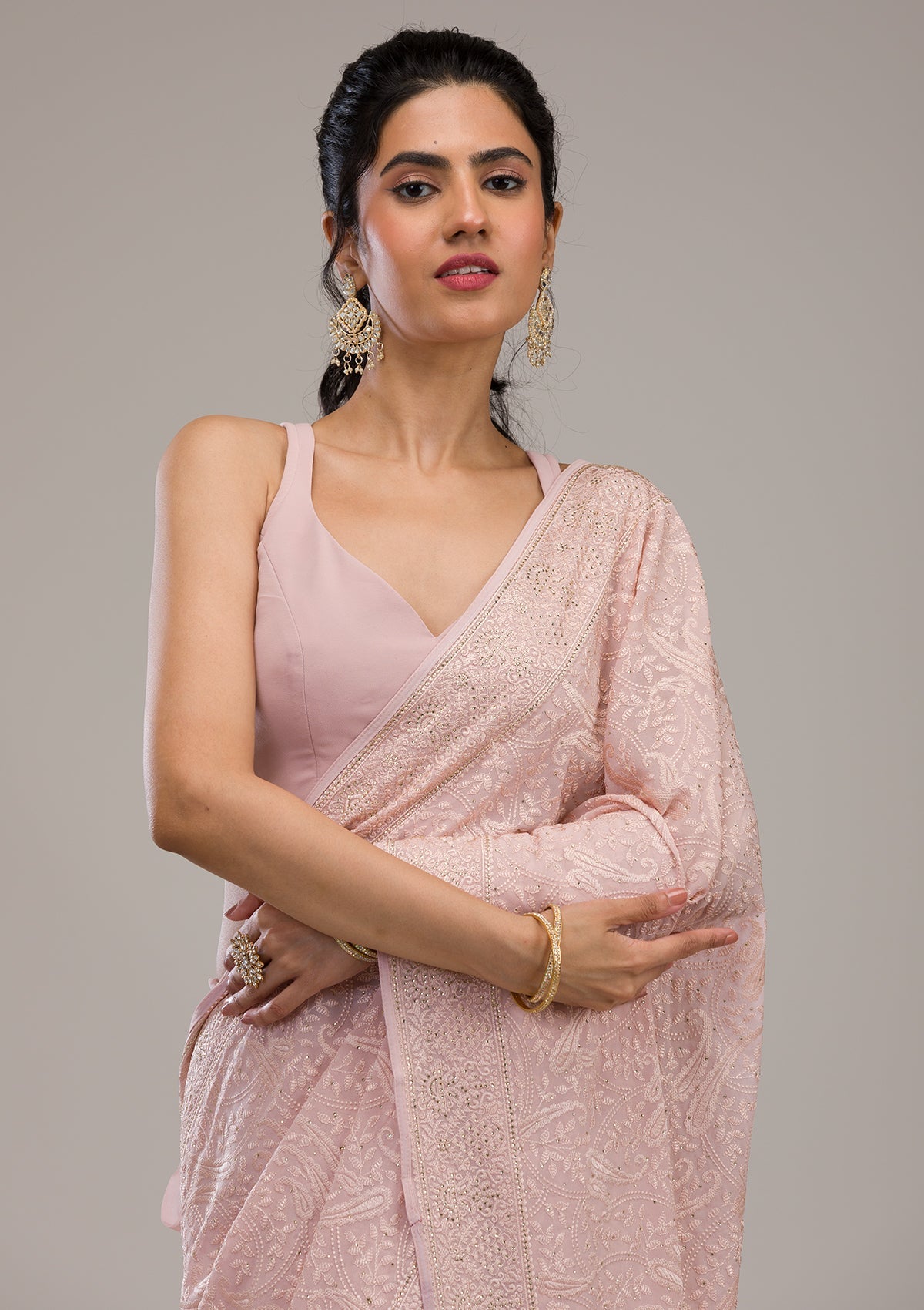 Baby Pink Threadwork Tissue Saree-Koskii