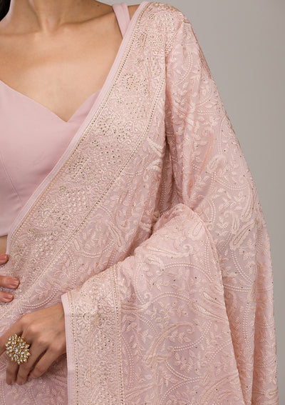 Baby Pink Threadwork Tissue Saree-Koskii