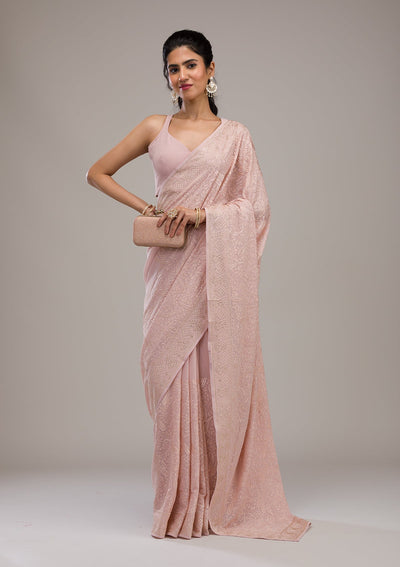 Baby Pink Threadwork Tissue Saree-Koskii