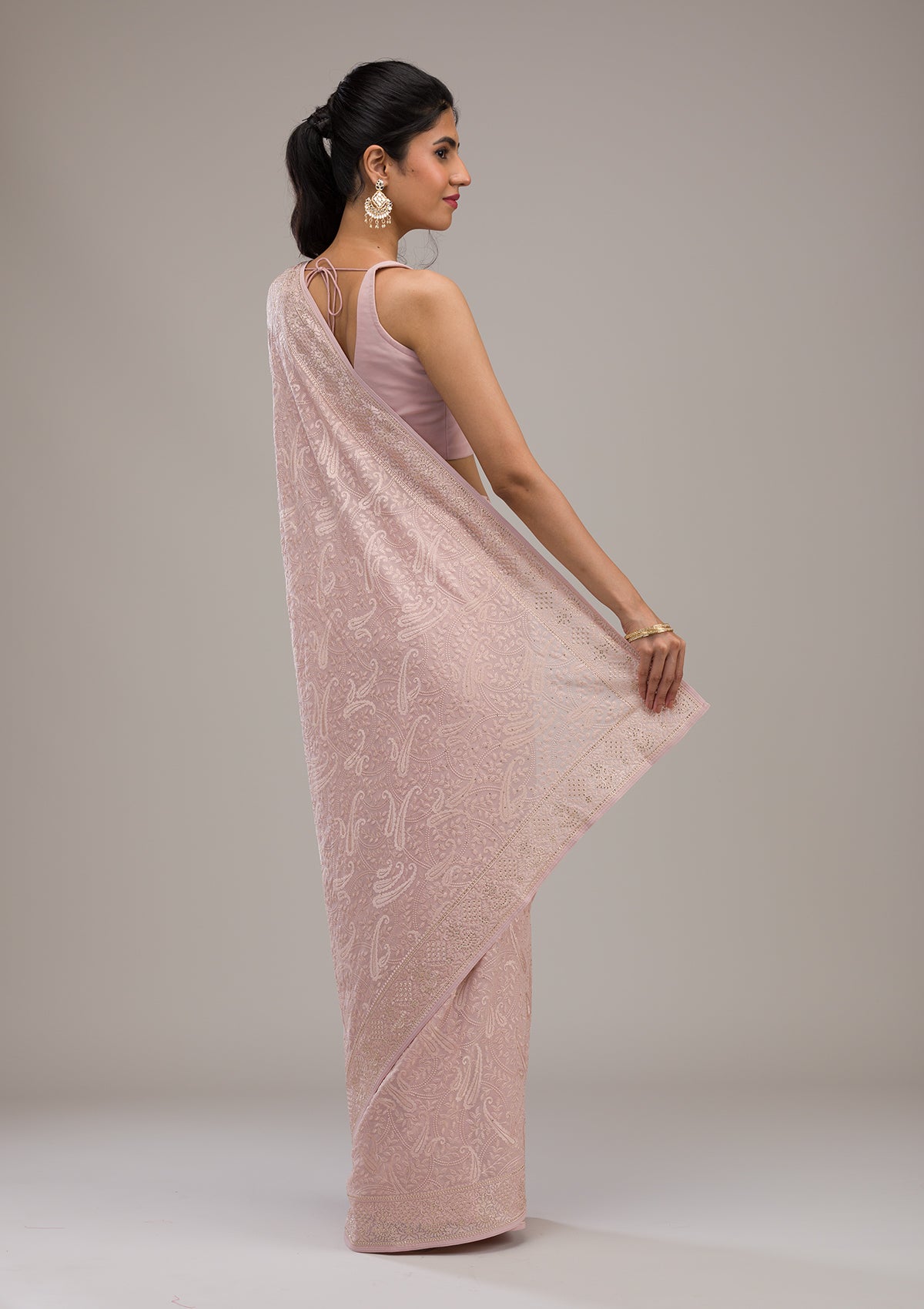 Baby Pink Threadwork Tissue Saree-Koskii